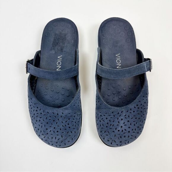 Vionic Lidia Suede Slip On Lasercut Mule Sandal Blue Size 7 - Picture 1 of 8